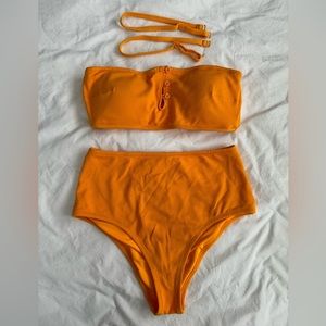 AERIE Swim 2 Piece Orange Yellow Swimsuit Strapless High Waisted | Size S/M
